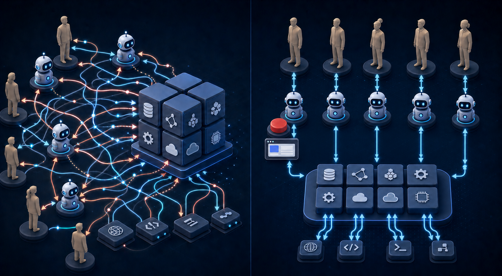 Avant, humains et agents accèdent ensemble aux services. Avec Aithos, les agents échangent avec les connecteurs et peuvent ouvrir une intervention humaine bornée et traçable.